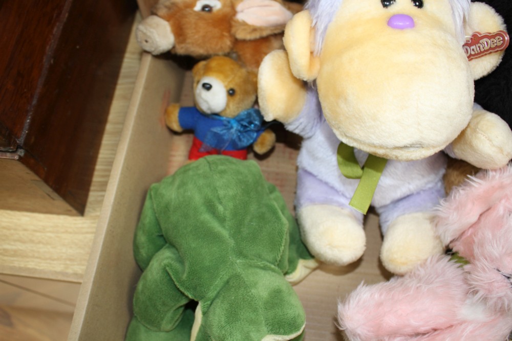 A group of assorted soft toys